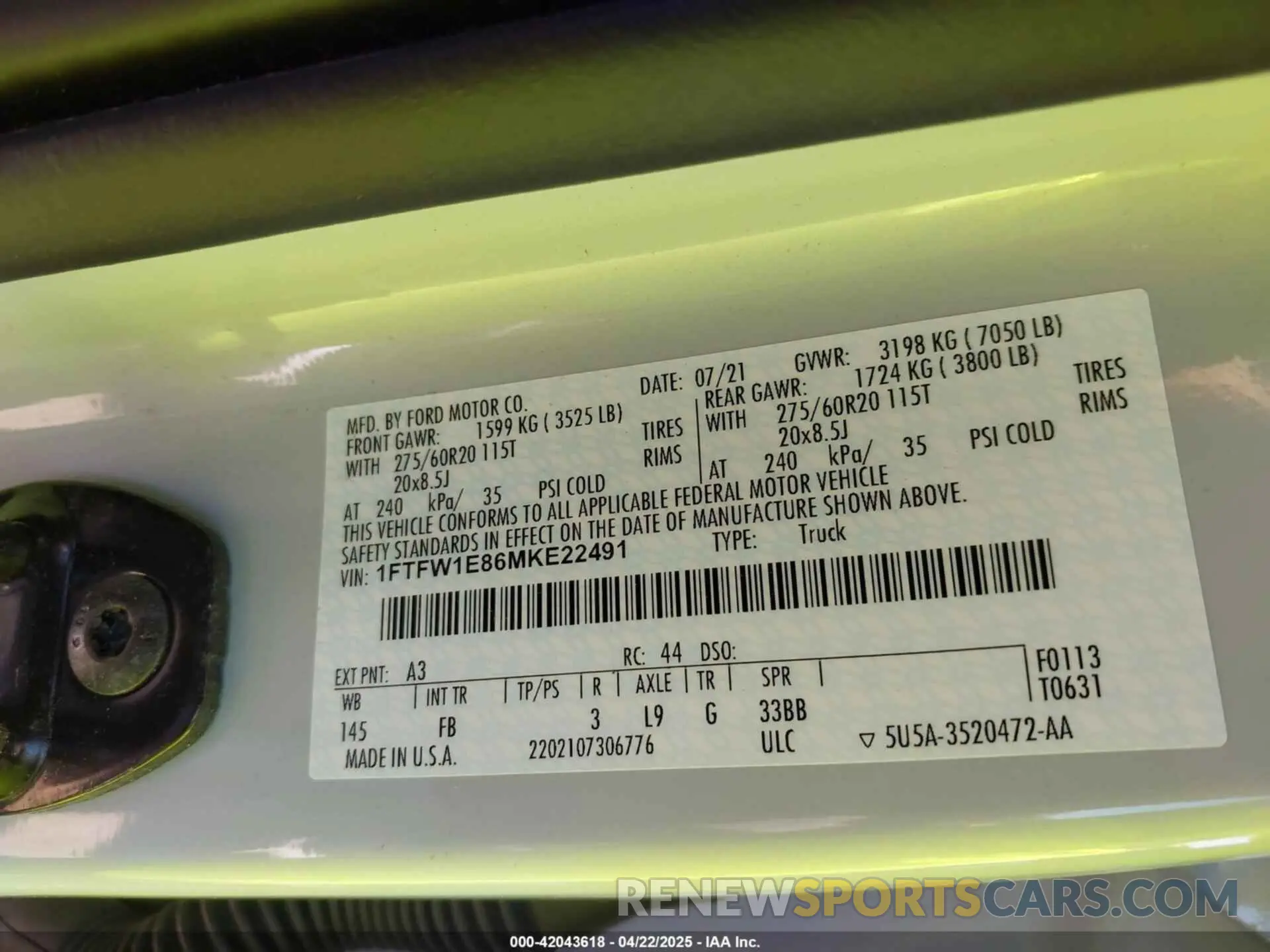 9 Фотография поврежденного автомобиля 1FTFW1E86MKE22491 FORD F-150 2021