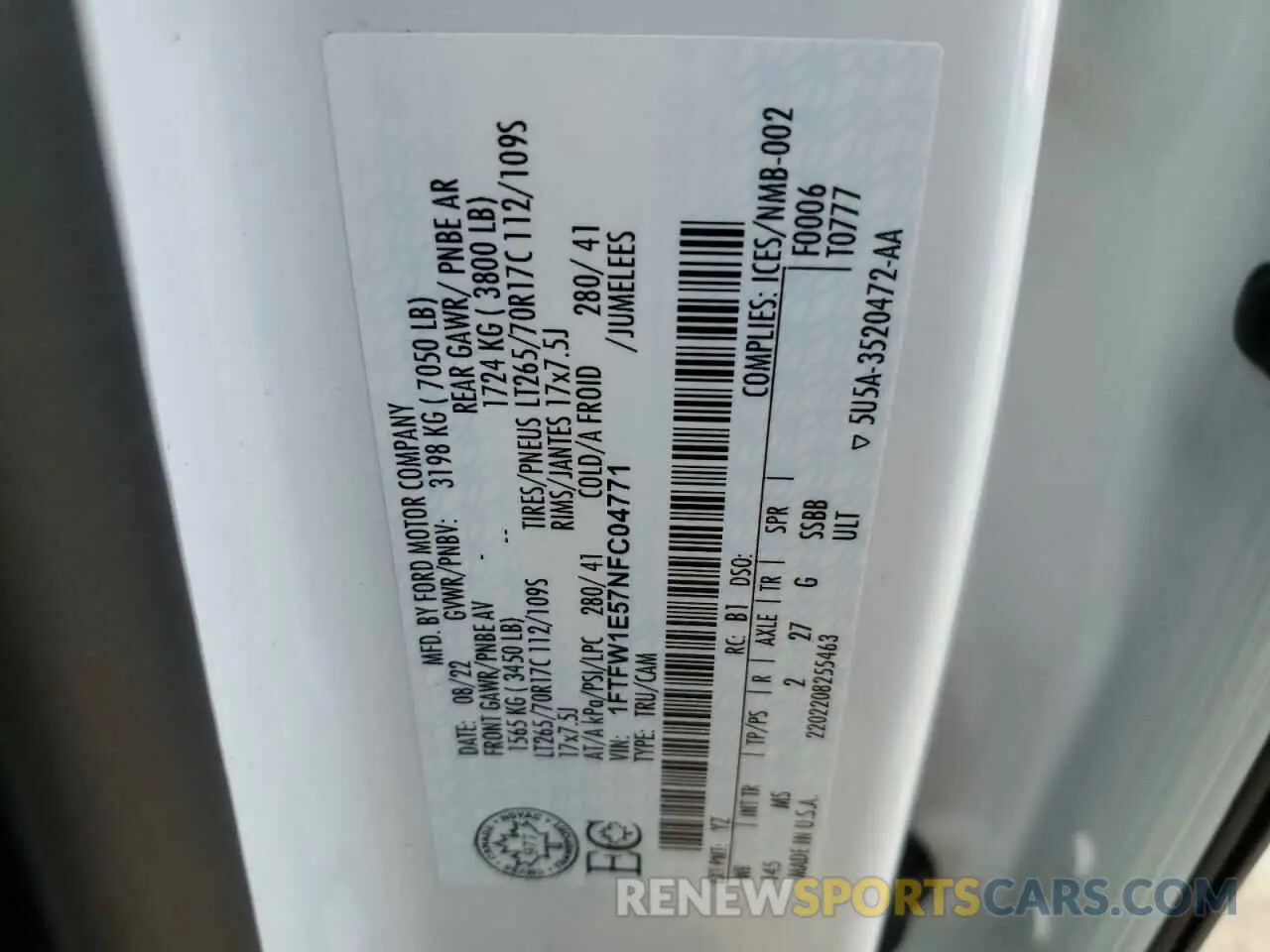 14 Фотография поврежденного автомобиля 1FTFW1E57NFC04771 FORD F-150 2022