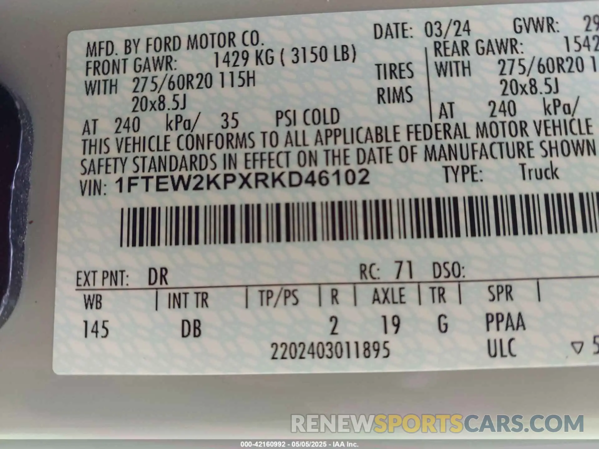 9 Фотография поврежденного автомобиля 1FTEW2KPXRKD46102 FORD F-150 2024