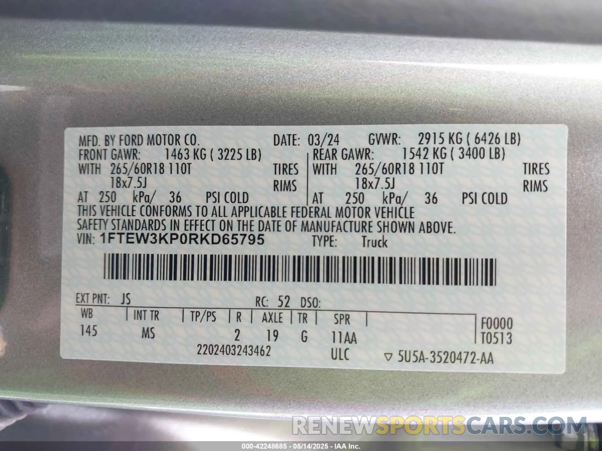 9 Фотография поврежденного автомобиля 1FTEW3KP0RKD65795 FORD F-150 2024