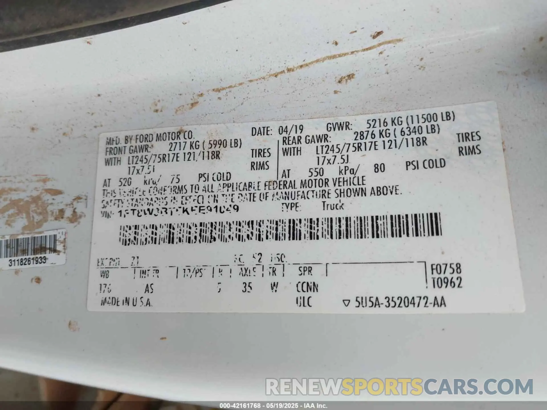 8 Фотография поврежденного автомобиля 1FT8W3BT5KEE91049 FORD F-350 2019