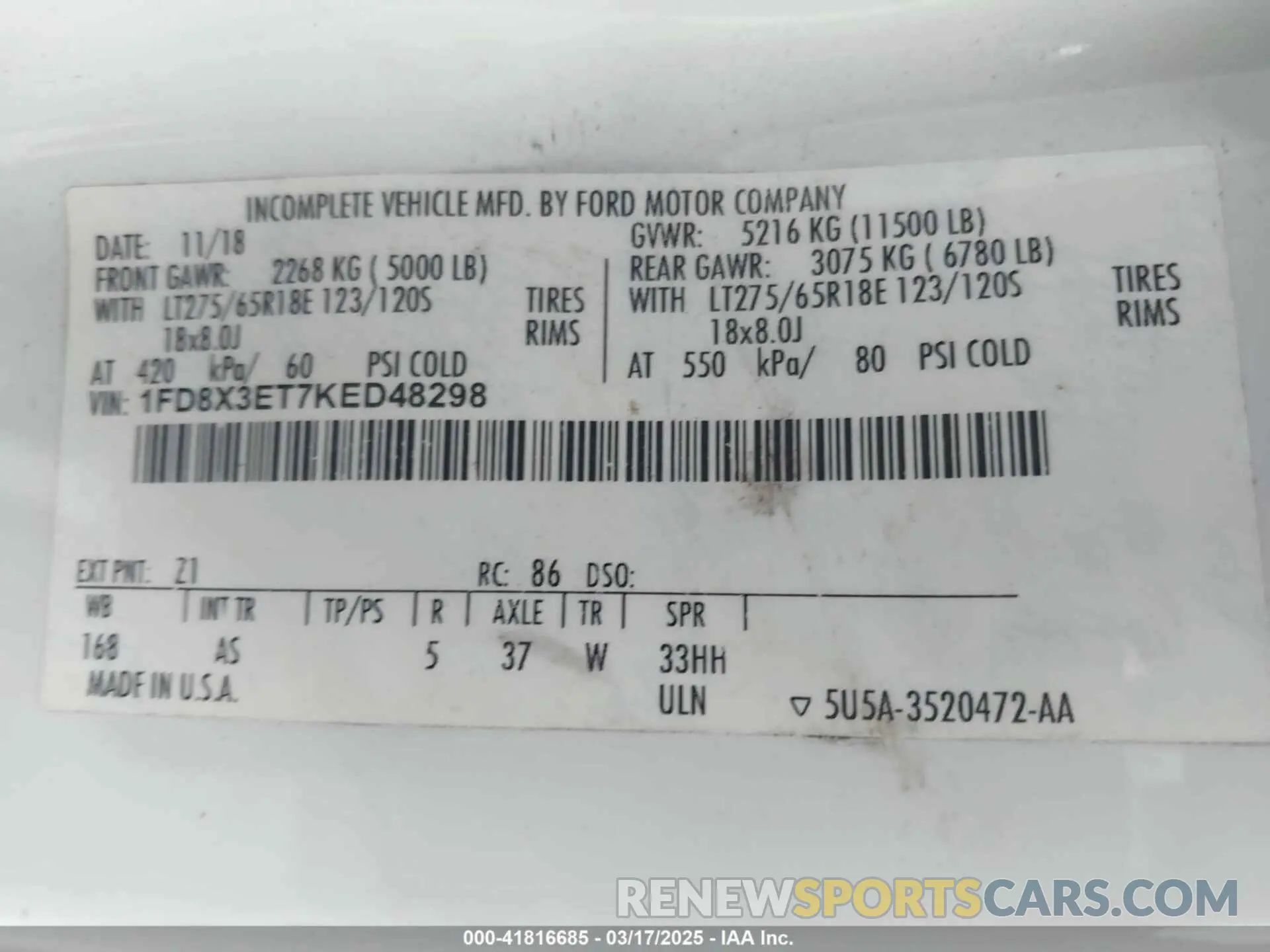 8 Photograph of a damaged car 1FD8X3ET7KED48298 FORD F-350 CHASSIS 2019