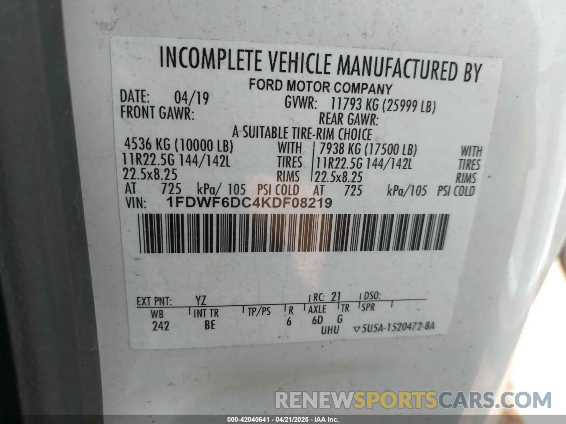 8 Photograph of a damaged car 1FDWF6DC4KDF08219 FORD F-650 DIESEL 2019