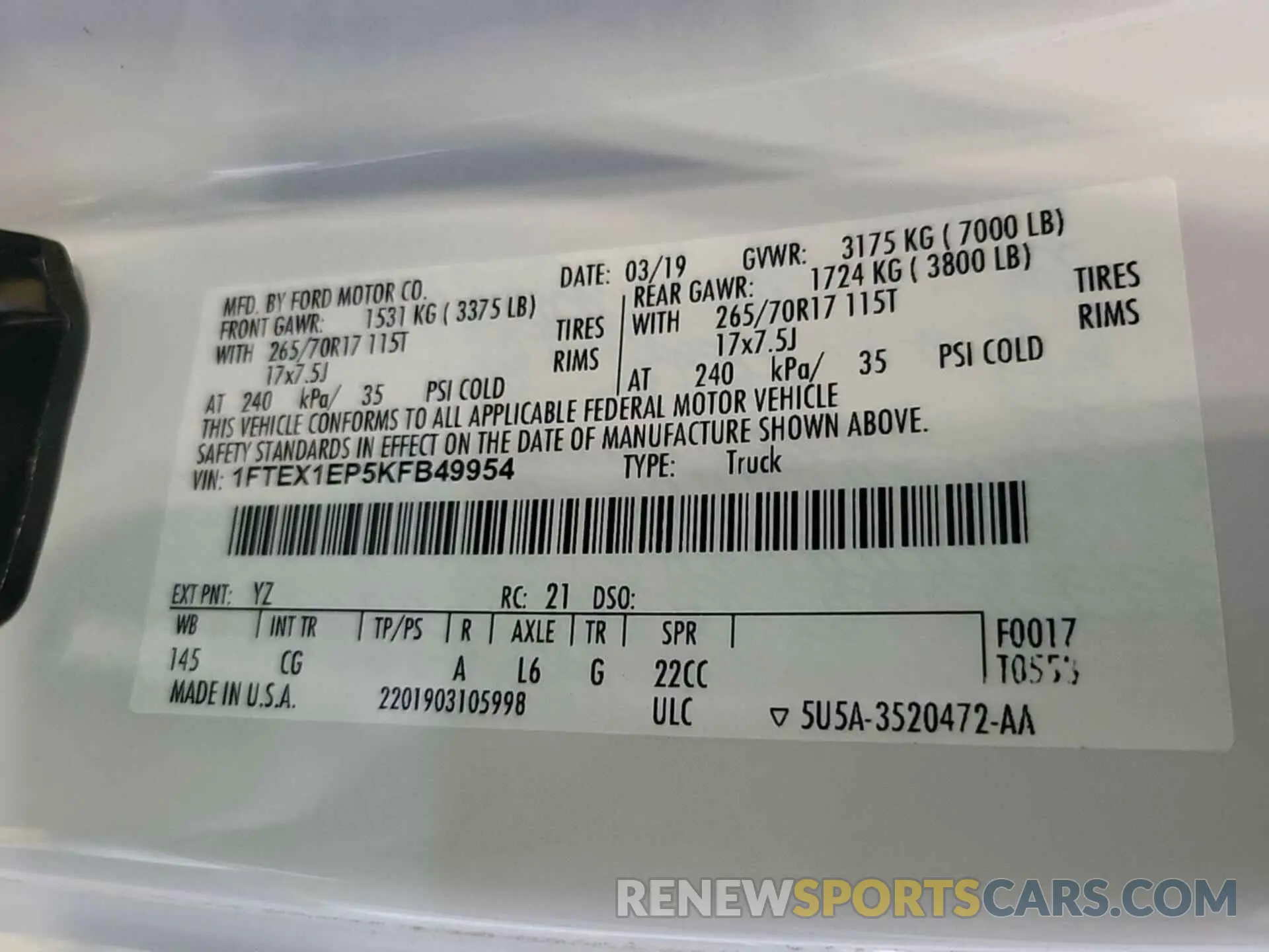 22 Photograph of a damaged car 1FTEX1EP5KFB49954 FORD F150 2019