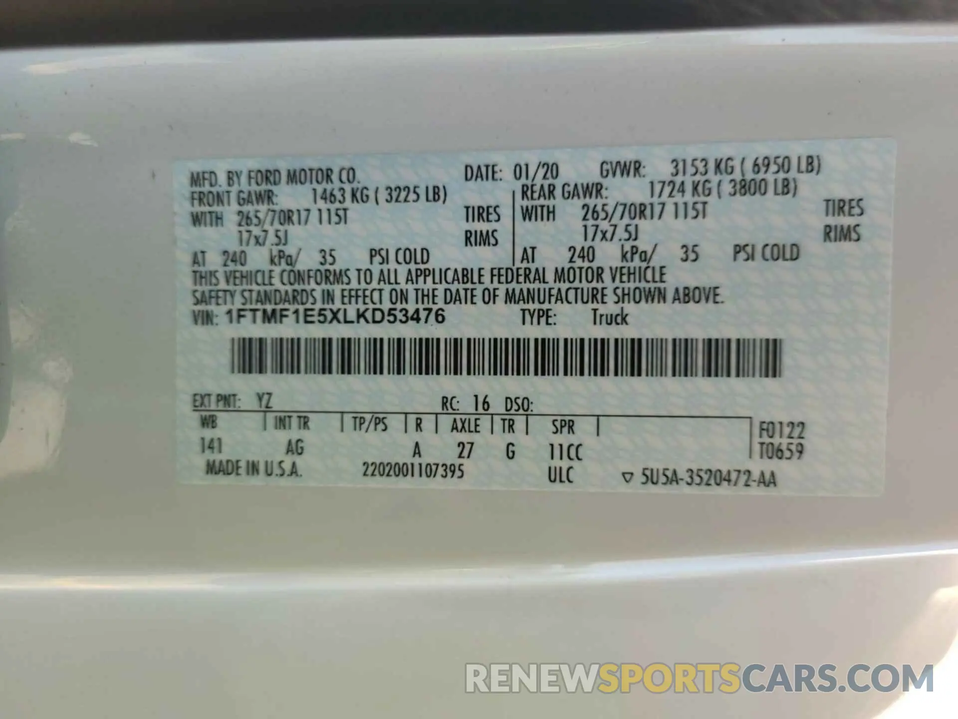 2 Photograph of a damaged car 1FTMF1E5XLKD53476 FORD F150 2020