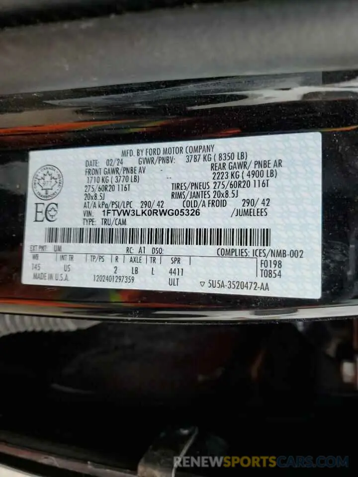 12 Фотография поврежденного автомобиля 1FTVW3LK0RWG05326 FORD F150 LIGHT 2024