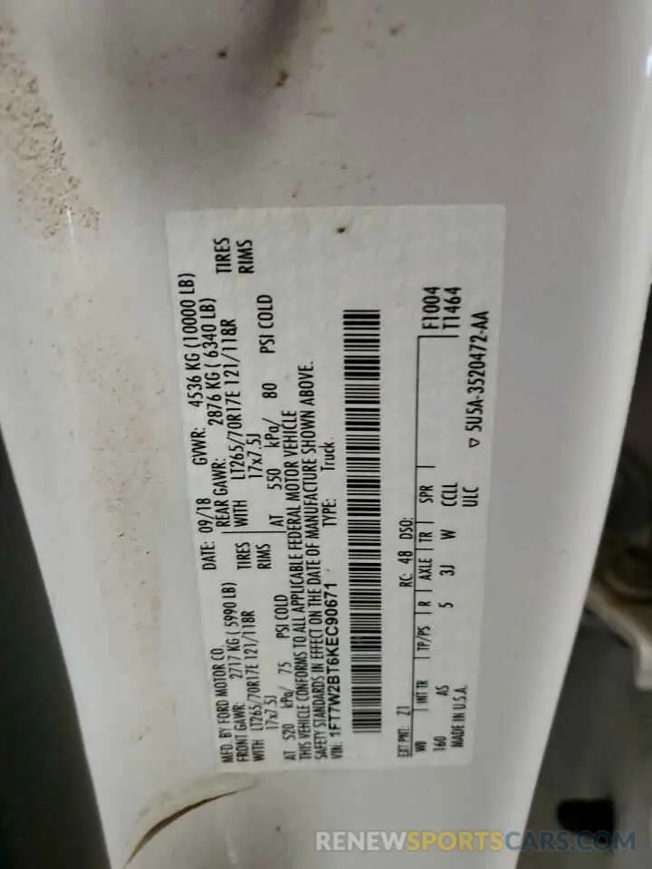 12 Фотография поврежденного автомобиля 1FT7W2BT6KEC90671 FORD F250 2019
