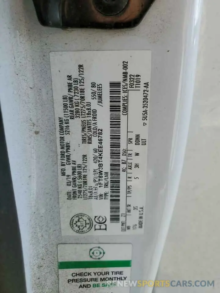 12 Фотография поврежденного автомобиля 1FT8W3BT4KEE46782 FORD F350 2019