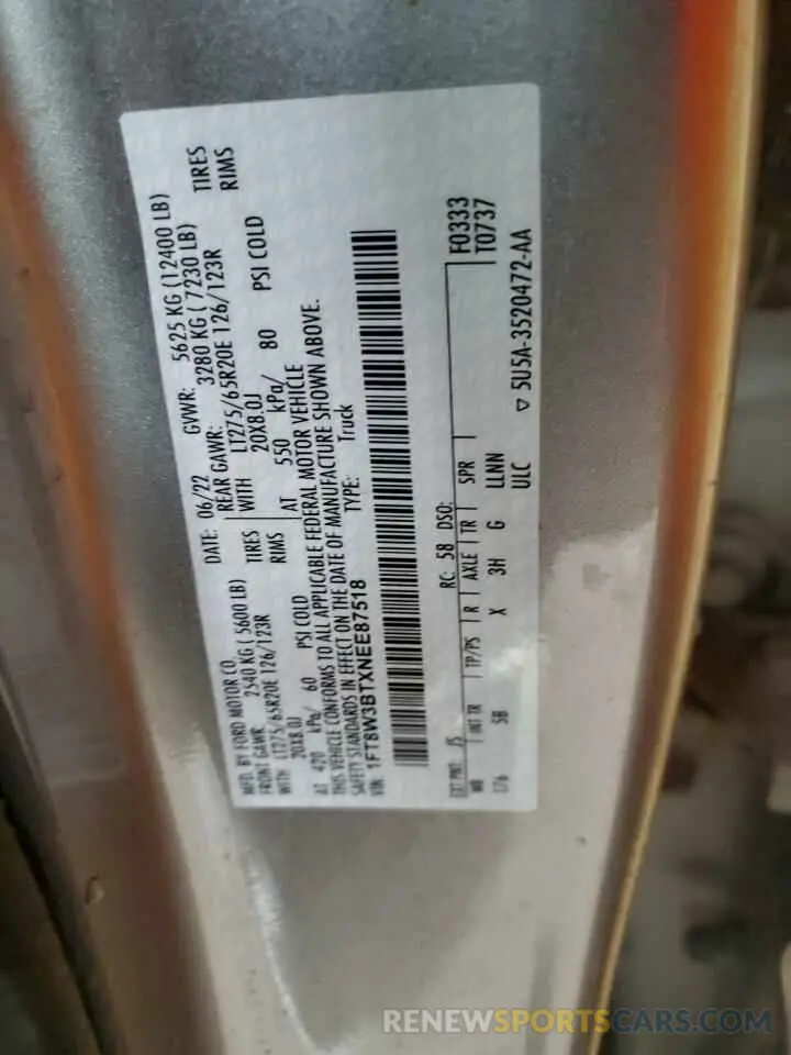 12 Фотография поврежденного автомобиля 1FT8W3BTXNEE87518 FORD F350 2022