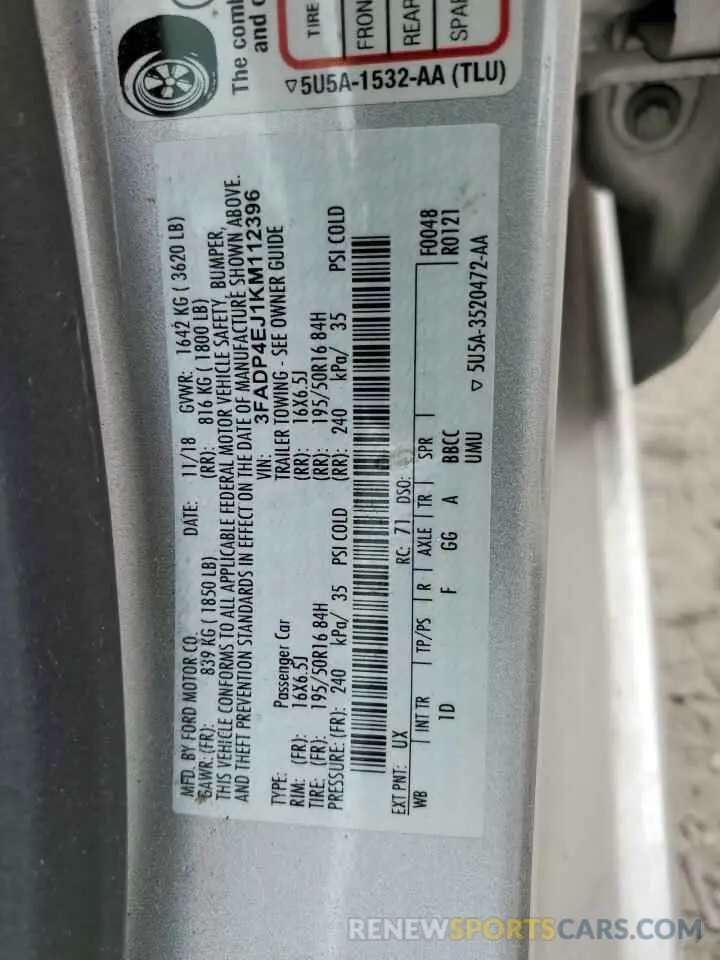12 Photograph of a damaged car 3FADP4EJ1KM112396 FORD FIESTA 2019