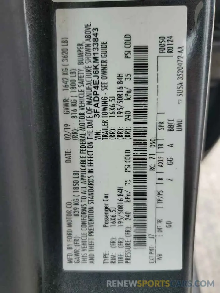 13 Фотография поврежденного автомобиля 3FADP4EJ6KM133843 FORD FIESTA 2019