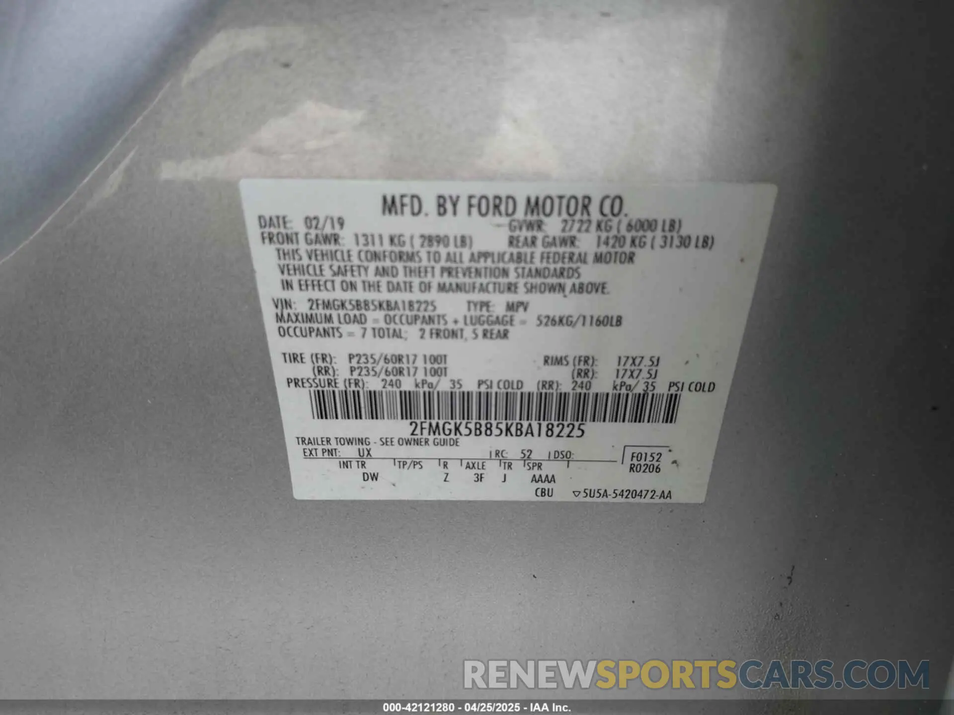 9 Photograph of a damaged car 2FMGK5B85KBA18225 FORD FLEX 2019