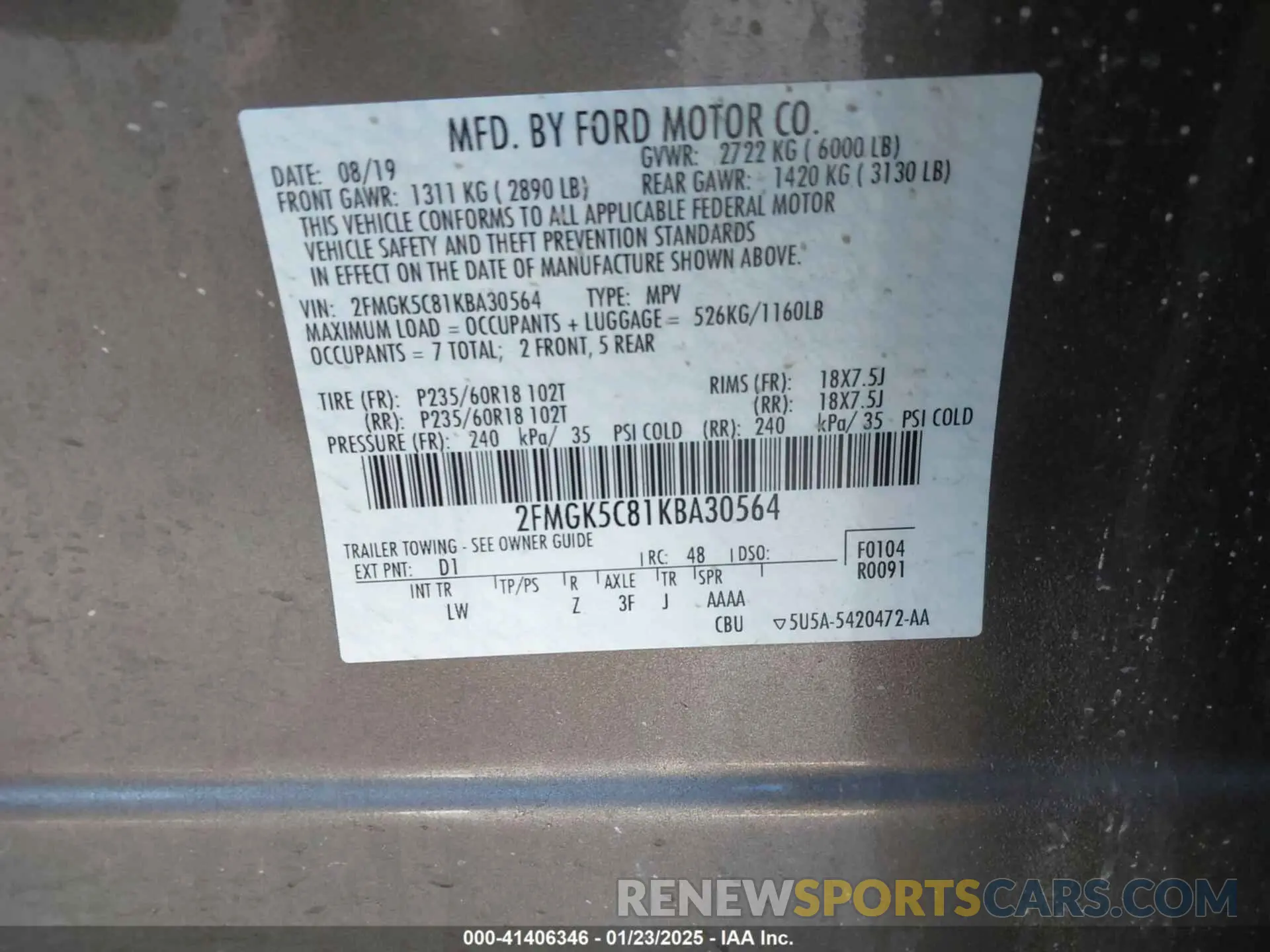 9 Photograph of a damaged car 2FMGK5C81KBA30564 FORD FLEX 2019