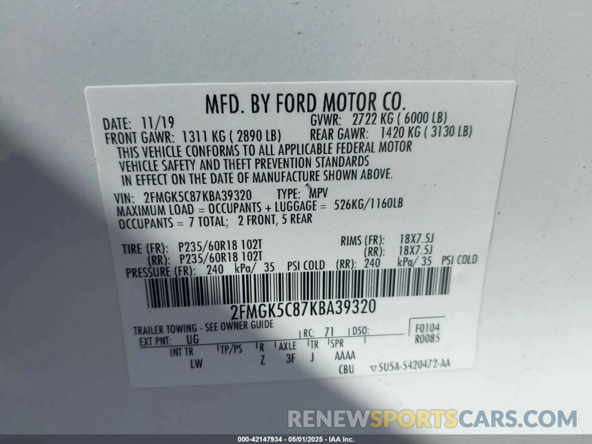 9 Фотография поврежденного автомобиля 2FMGK5C87KBA39320 FORD FLEX 2019