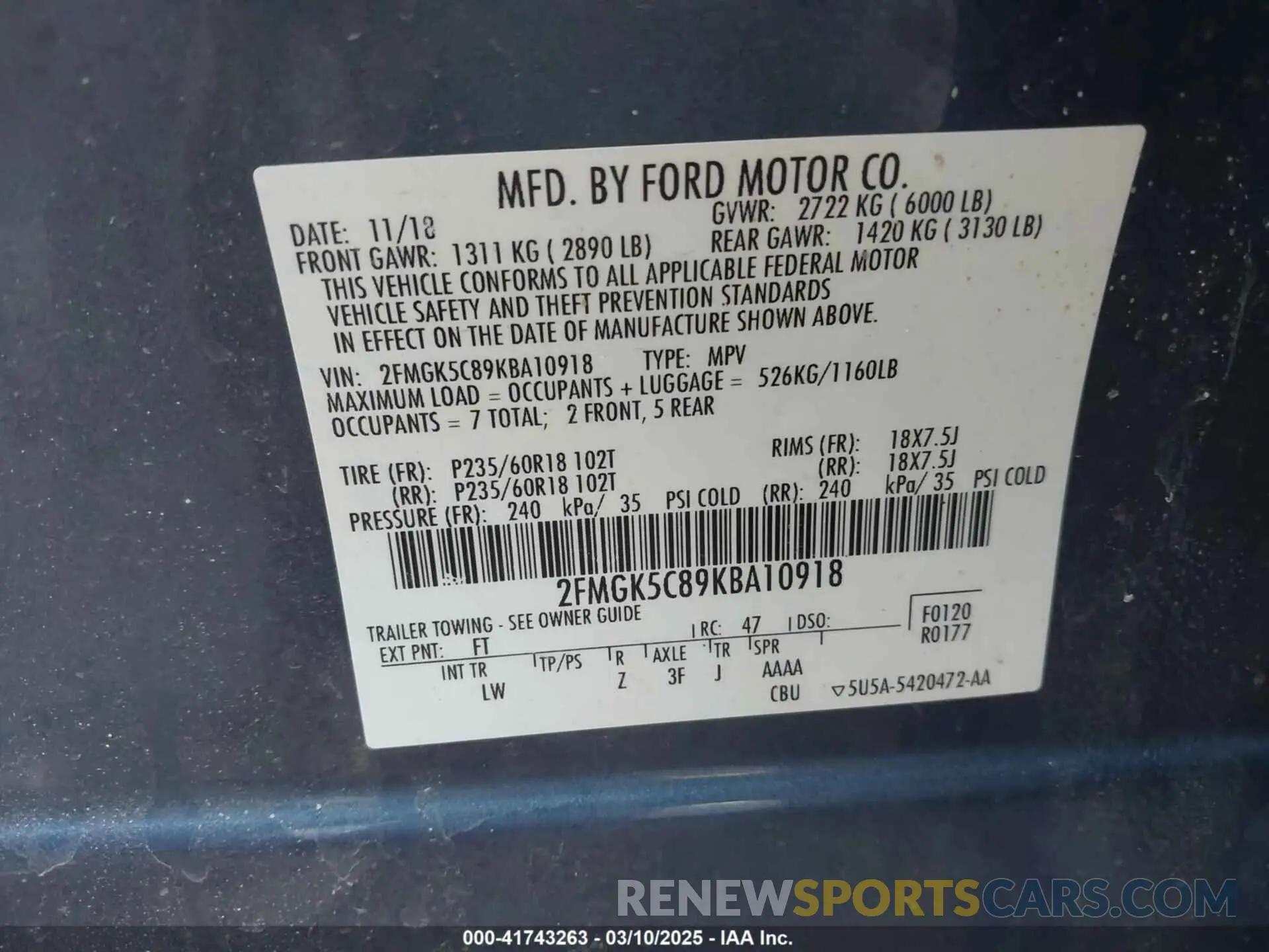 9 Photograph of a damaged car 2FMGK5C89KBA10918 FORD FLEX 2019