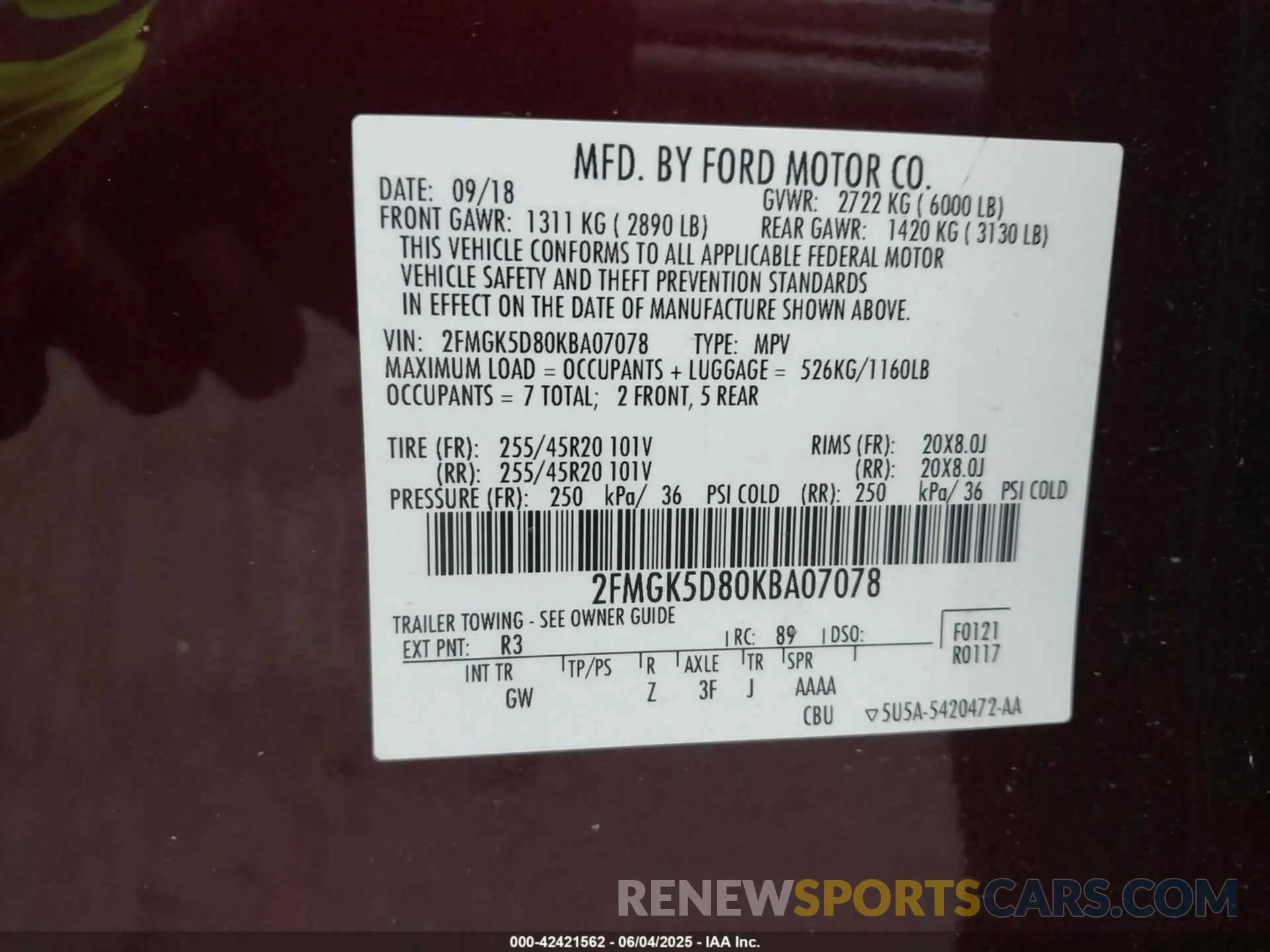 9 Фотография поврежденного автомобиля 2FMGK5D80KBA07078 FORD FLEX 2019