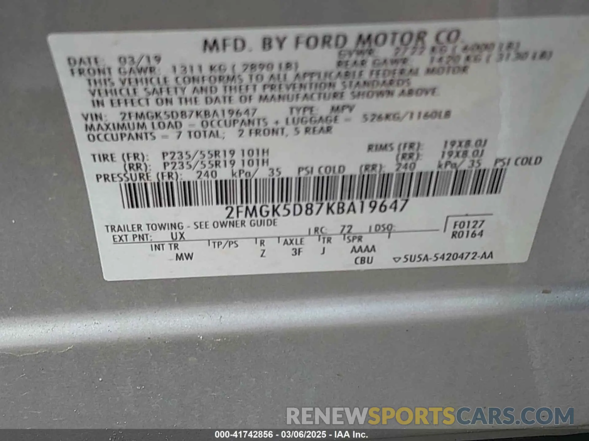 9 Фотография поврежденного автомобиля 2FMGK5D87KBA19647 FORD FLEX 2019