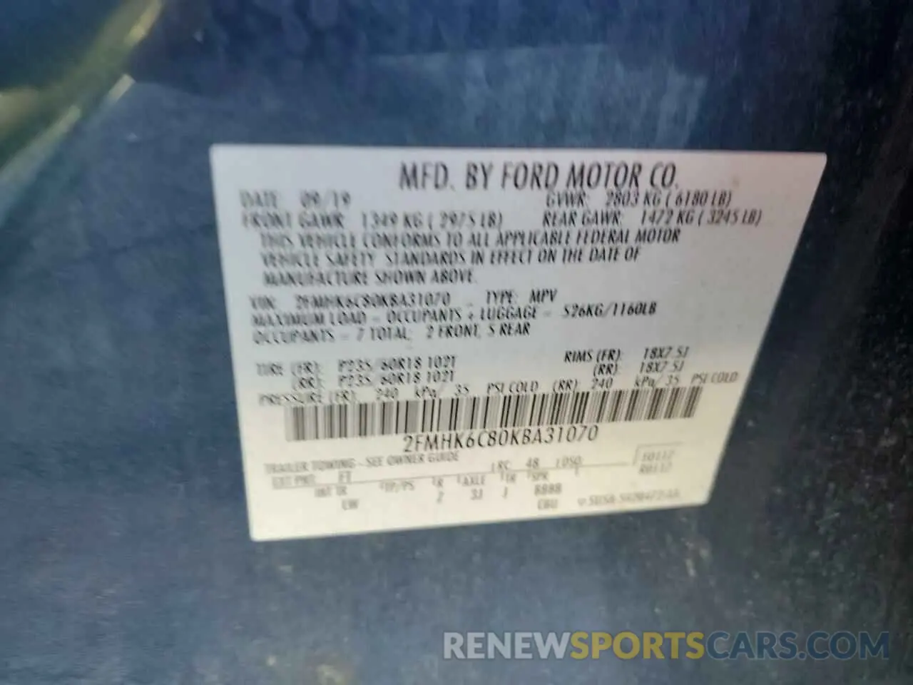 13 Photograph of a damaged car 2FMHK6C80KBA31070 FORD FLEX 2019