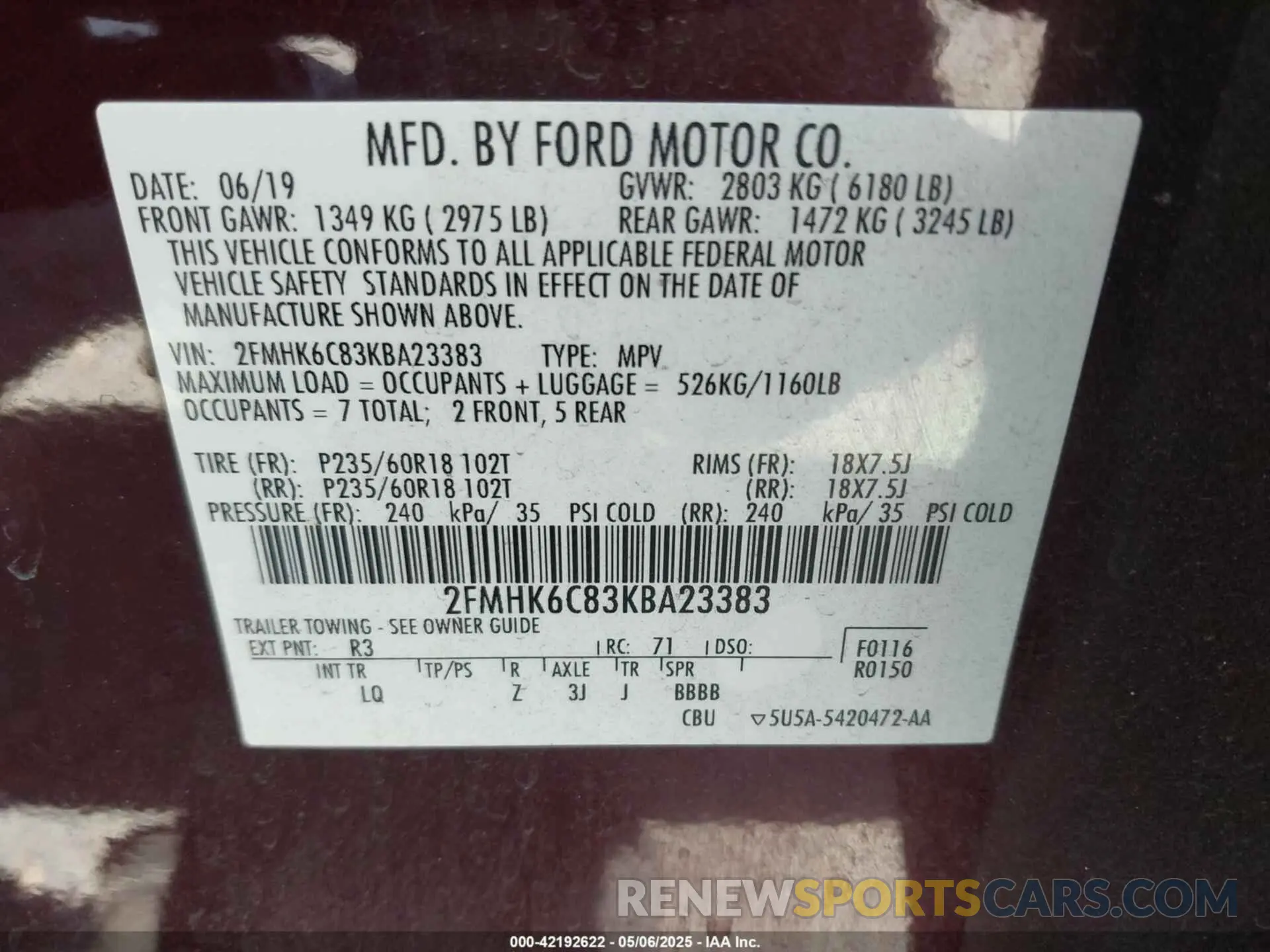 9 Photograph of a damaged car 2FMHK6C83KBA23383 FORD FLEX 2019