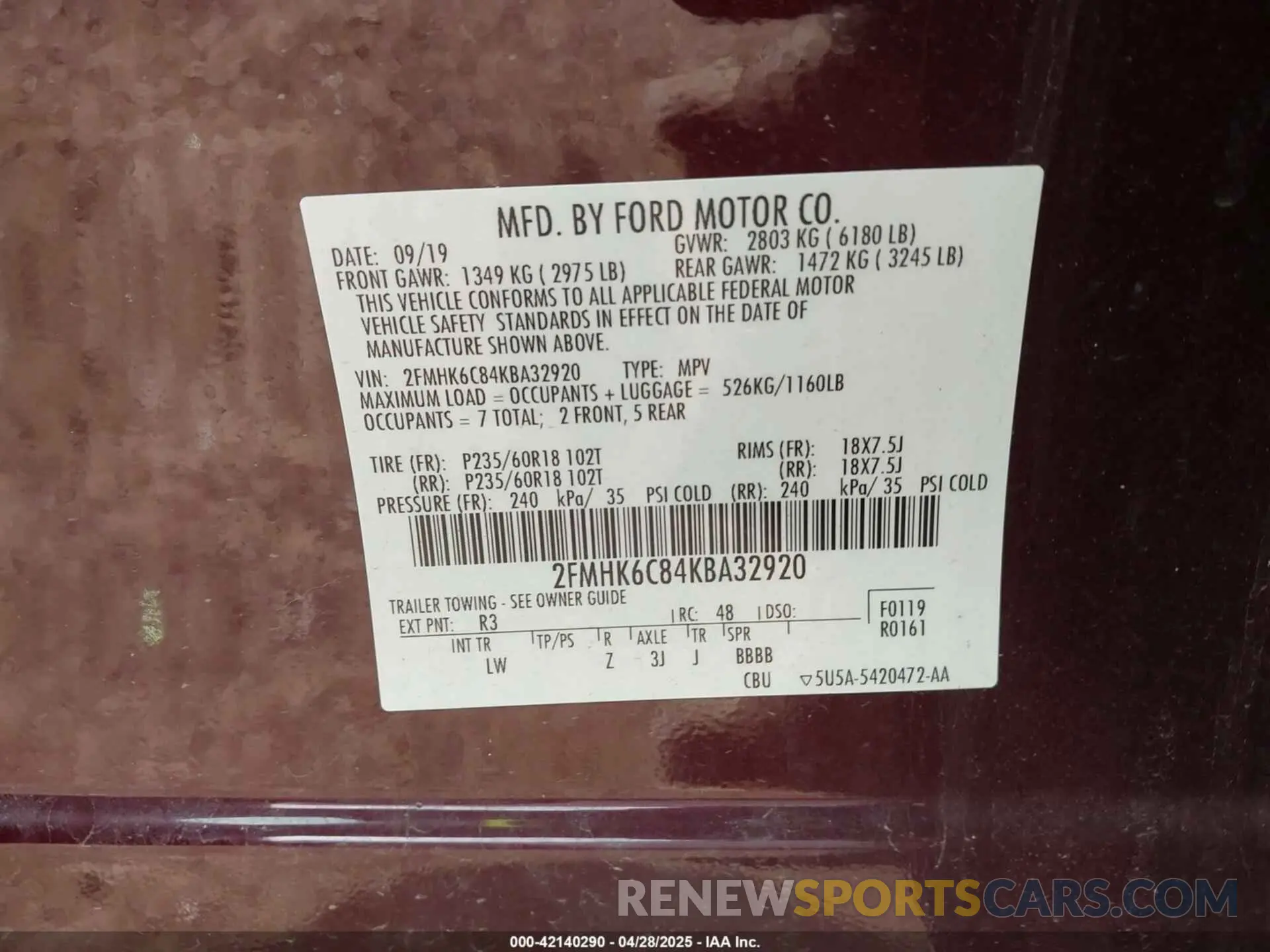 9 Photograph of a damaged car 2FMHK6C84KBA32920 FORD FLEX 2019