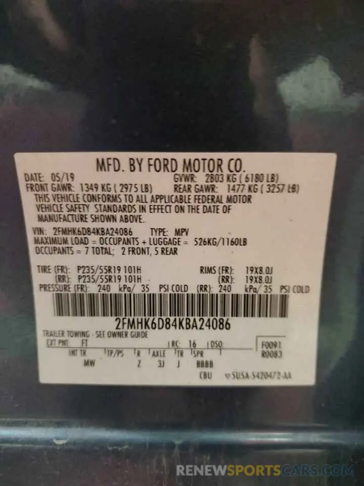 16 Photograph of a damaged car 2FMHK6D84KBA24086 FORD FLEX 2019