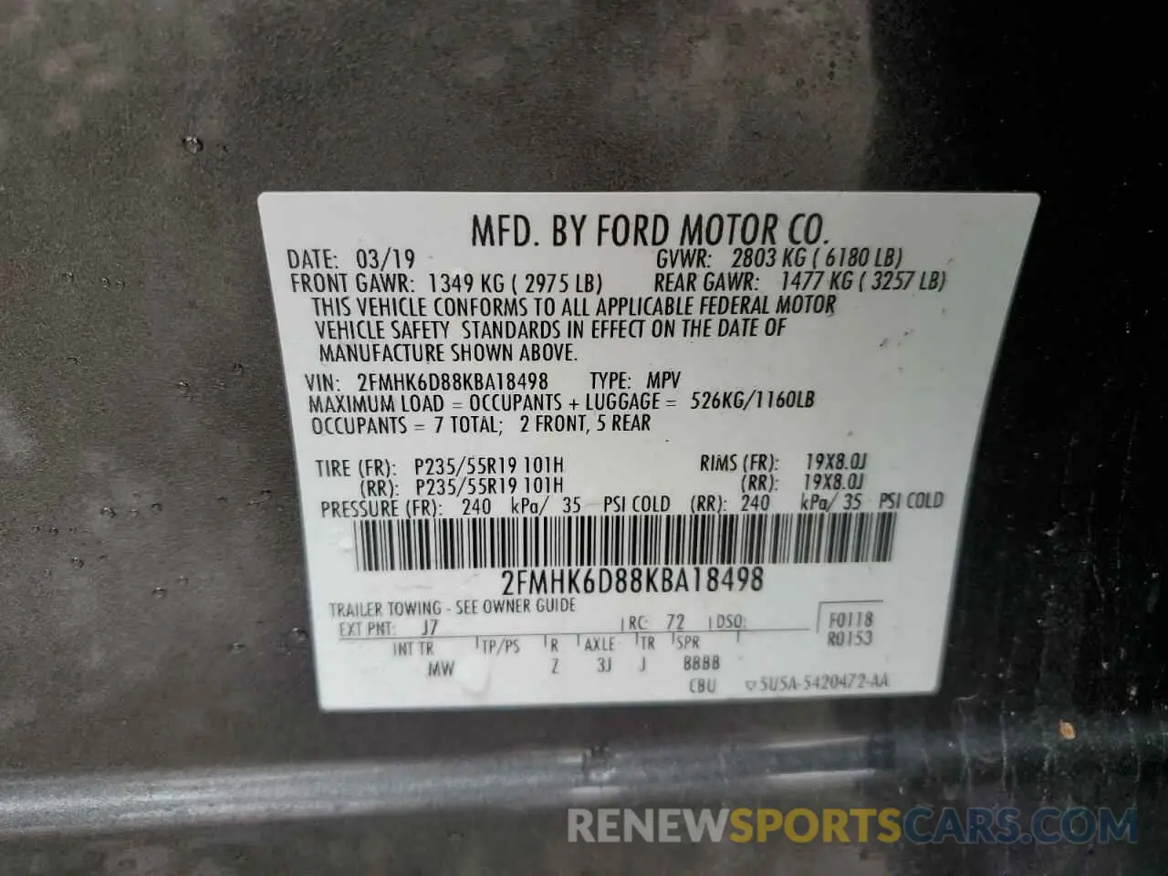 13 Photograph of a damaged car 2FMHK6D88KBA18498 FORD FLEX 2019