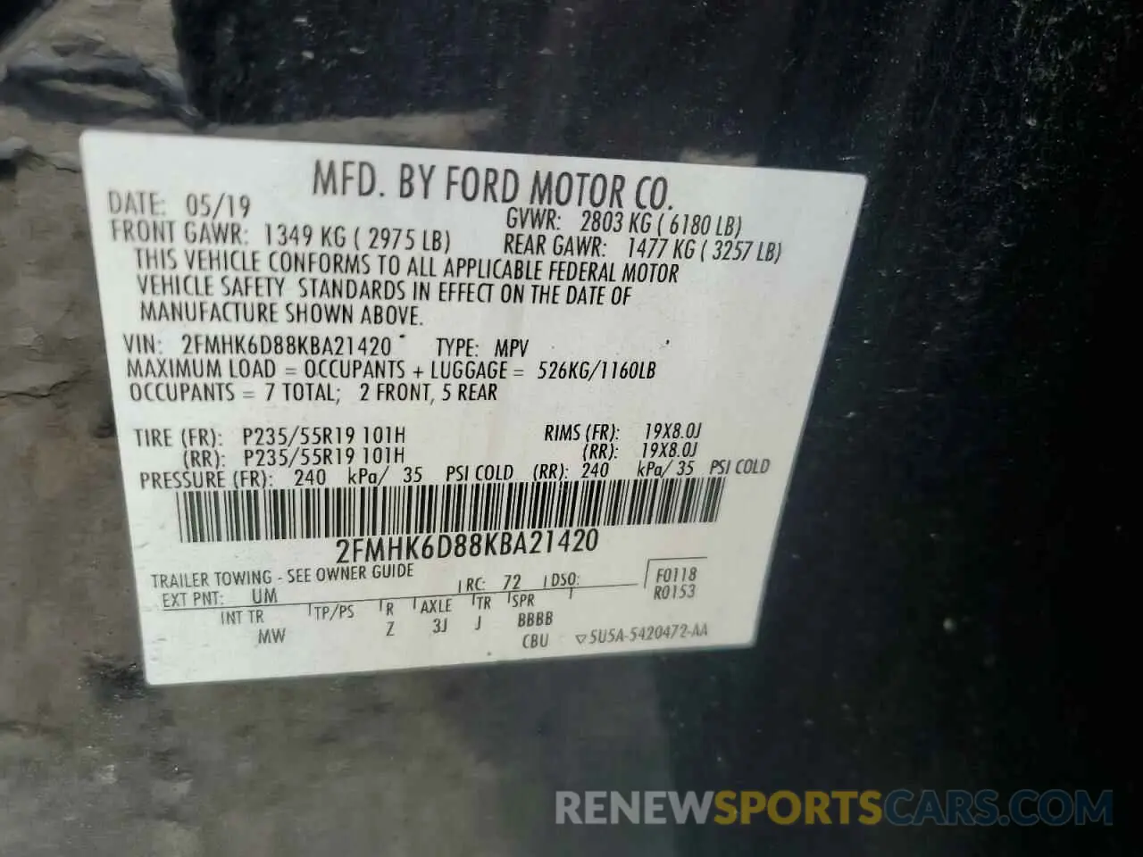 13 Photograph of a damaged car 2FMHK6D88KBA21420 FORD FLEX 2019