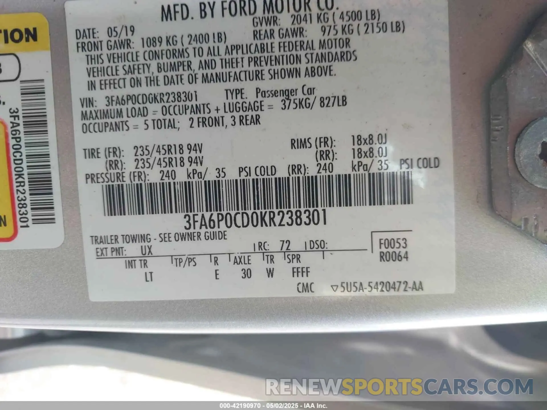 9 Photograph of a damaged car 3FA6P0CD0KR238301 FORD FUSION 2019