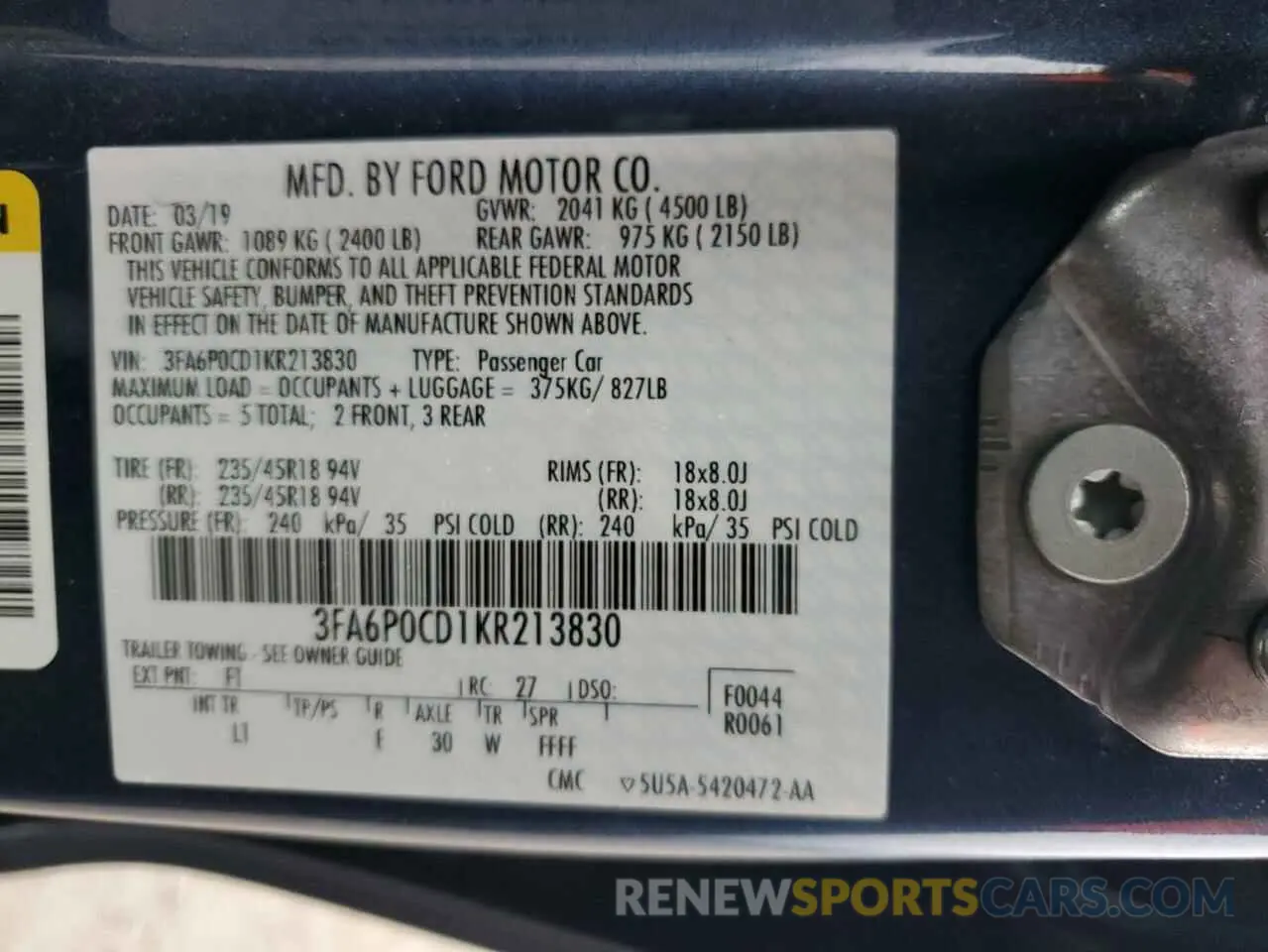 12 Фотография поврежденного автомобиля 3FA6P0CD1KR213830 FORD FUSION 2019