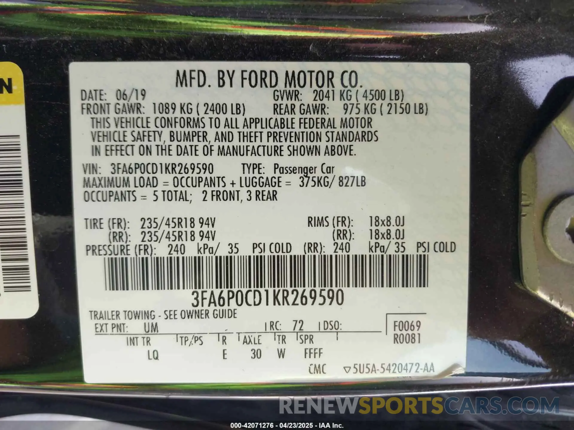 9 Photograph of a damaged car 3FA6P0CD1KR269590 FORD FUSION 2019