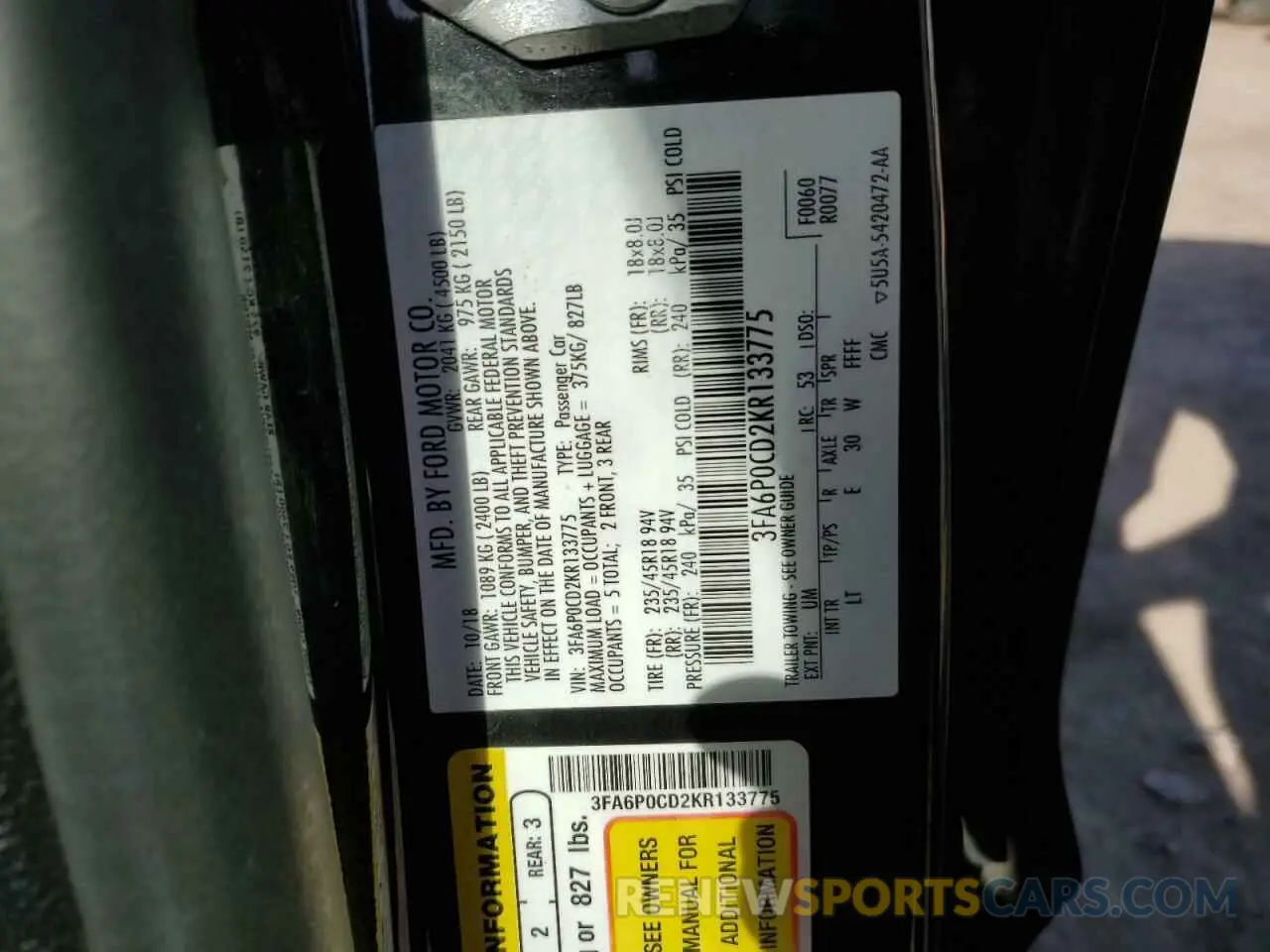 12 Photograph of a damaged car 3FA6P0CD2KR133775 FORD FUSION 2019