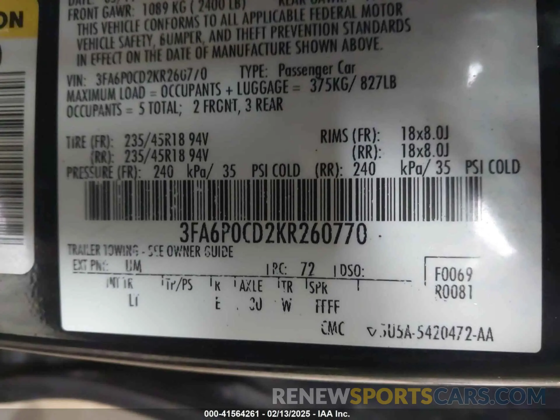 9 Photograph of a damaged car 3FA6P0CD2KR260770 FORD FUSION 2019