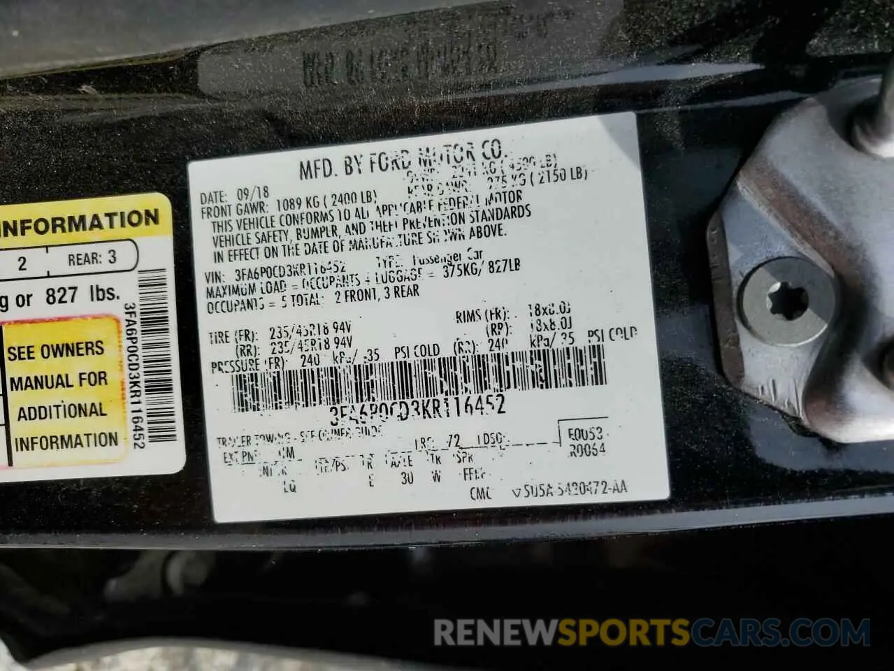 13 Photograph of a damaged car 3FA6P0CD3KR116452 FORD FUSION 2019