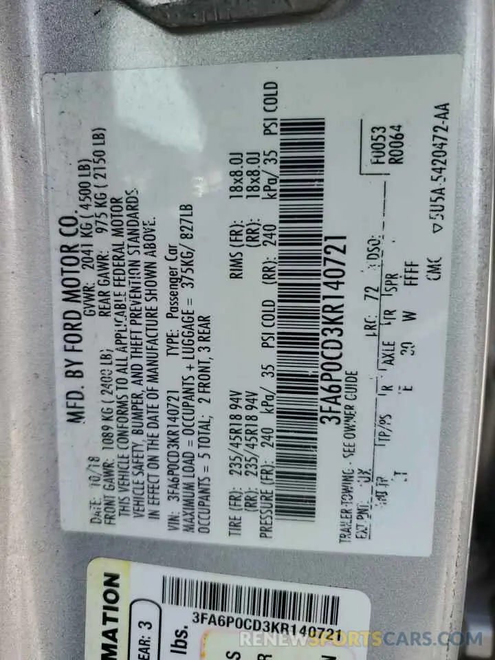 12 Photograph of a damaged car 3FA6P0CD3KR140721 FORD FUSION 2019