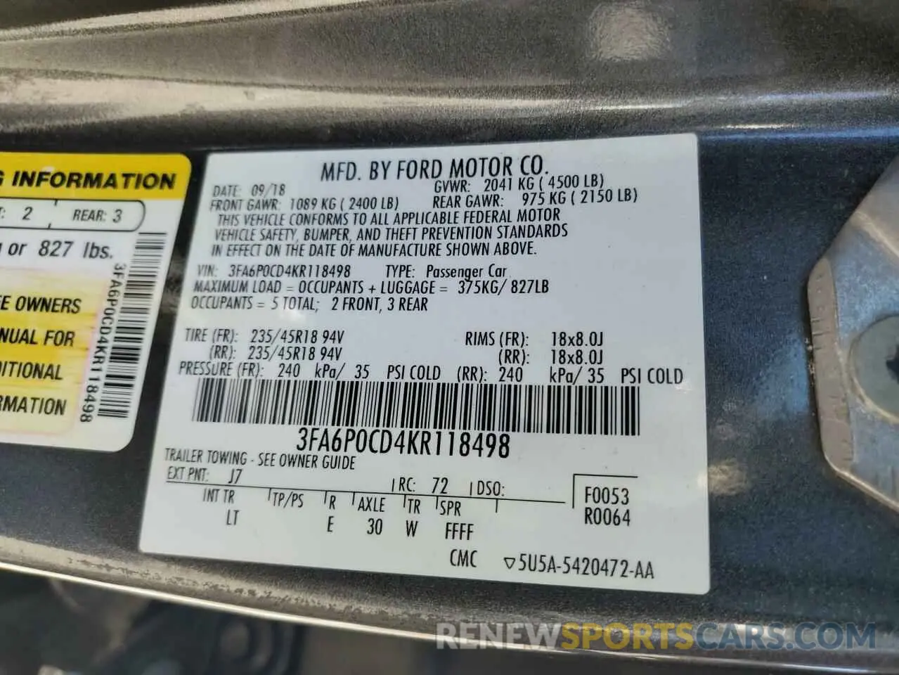 12 Photograph of a damaged car 3FA6P0CD4KR118498 FORD FUSION 2019