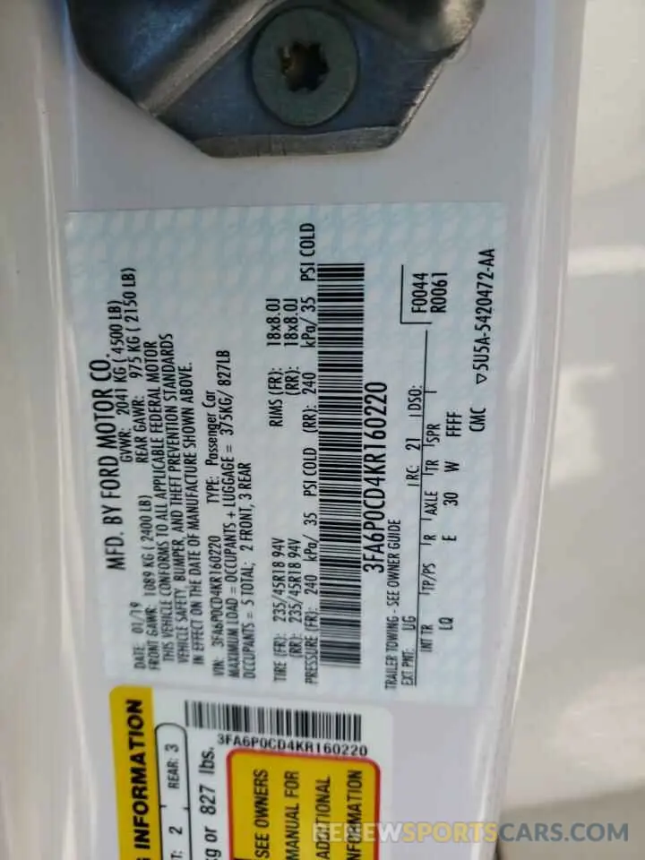 12 Фотография поврежденного автомобиля 3FA6P0CD4KR160220 FORD FUSION 2019