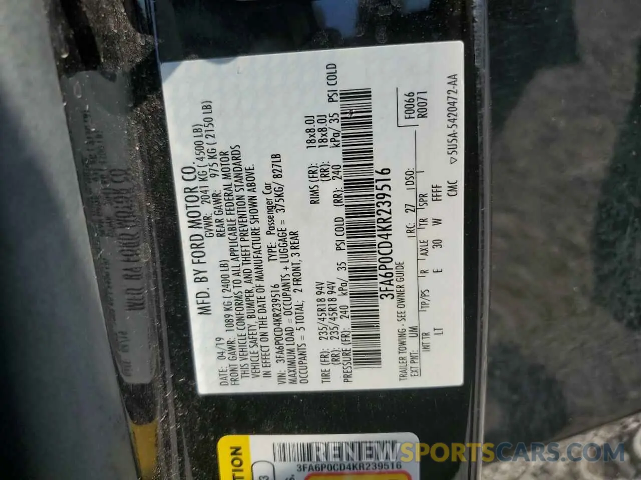 12 Photograph of a damaged car 3FA6P0CD4KR239516 FORD FUSION 2019