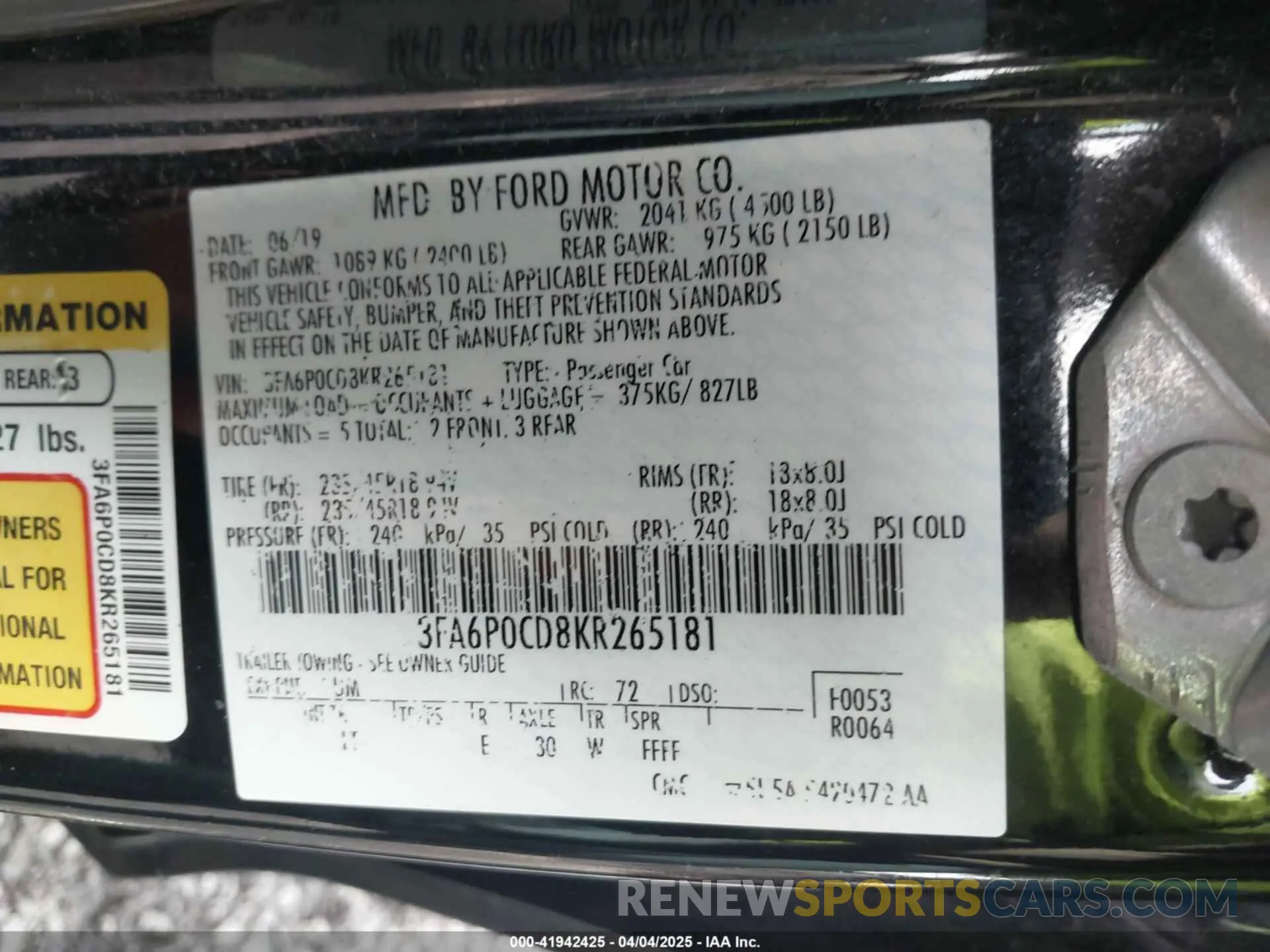 9 Фотография поврежденного автомобиля 3FA6P0CD8KR265181 FORD FUSION 2019