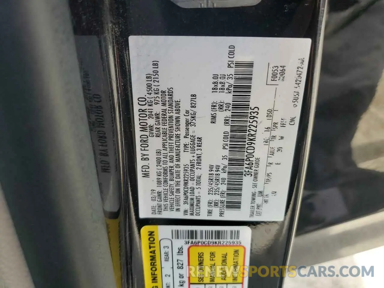 12 Photograph of a damaged car 3FA6P0CD9KR225935 FORD FUSION 2019
