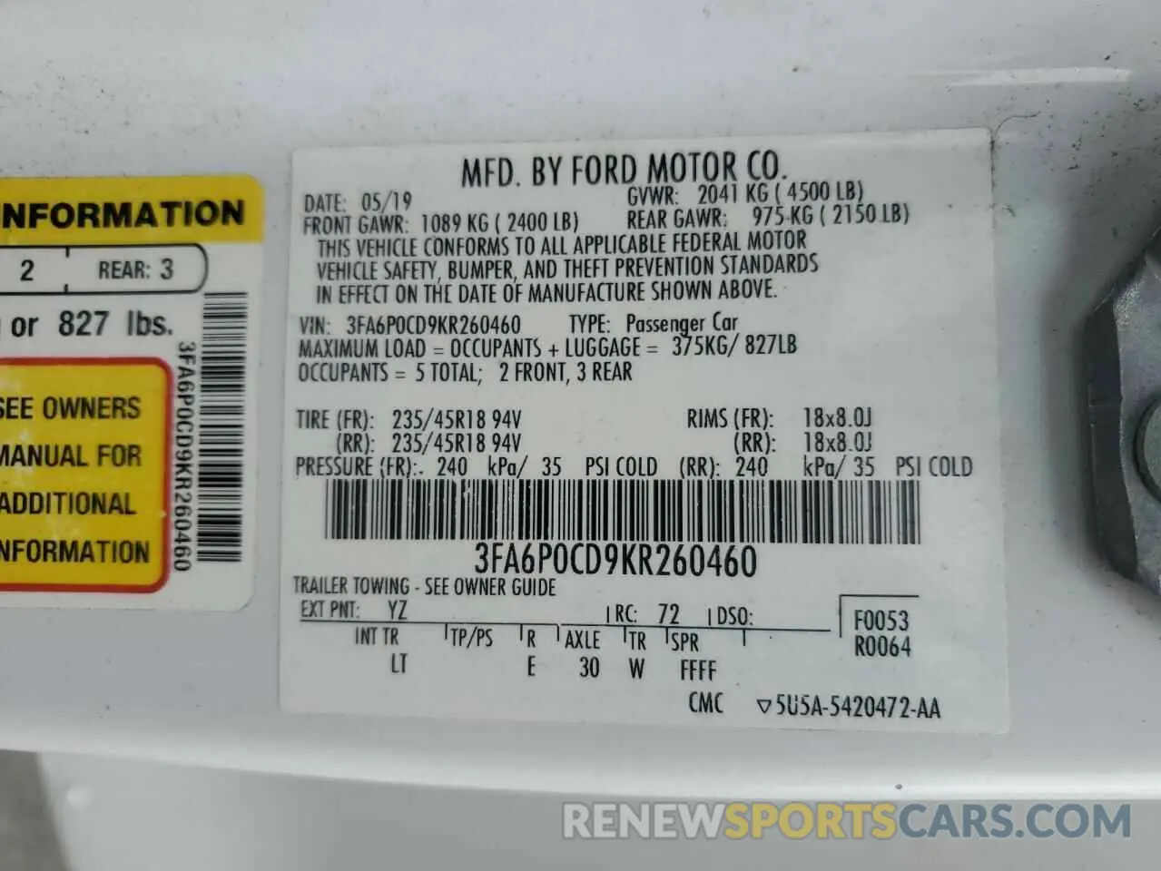 12 Фотография поврежденного автомобиля 3FA6P0CD9KR260460 FORD FUSION 2019