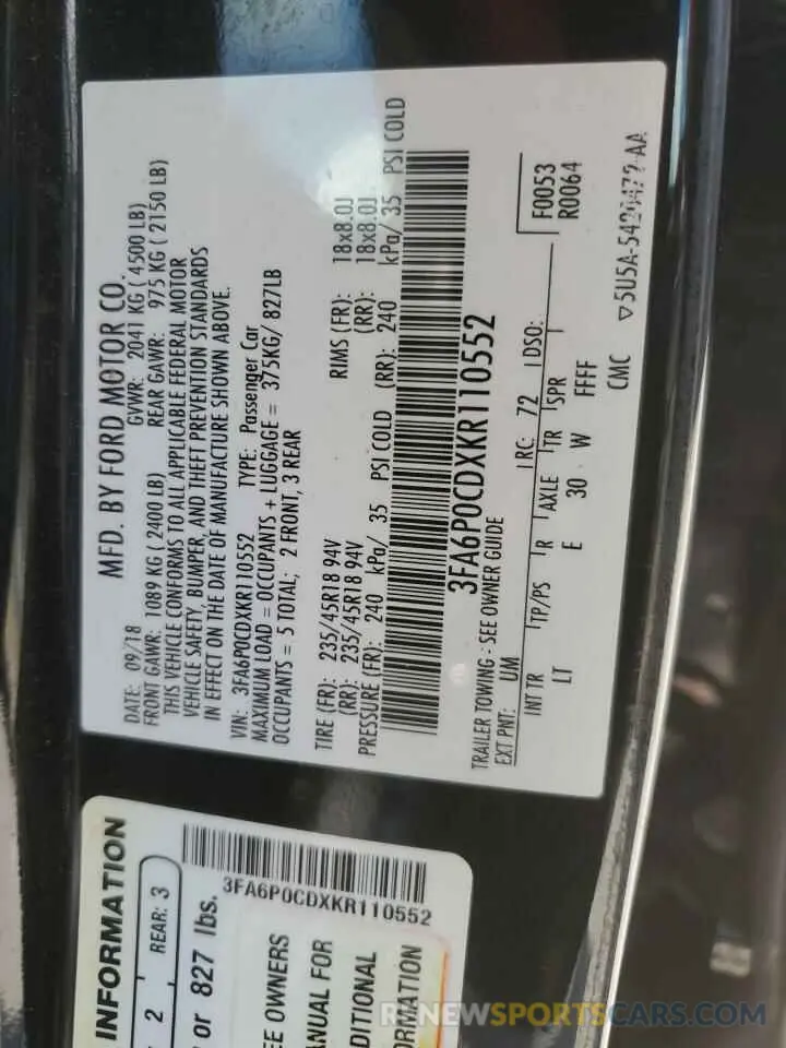 12 Photograph of a damaged car 3FA6P0CDXKR110552 FORD FUSION 2019