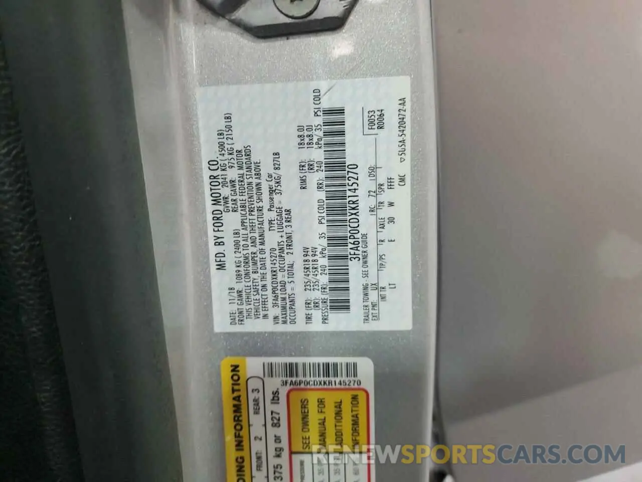 12 Photograph of a damaged car 3FA6P0CDXKR145270 FORD FUSION 2019