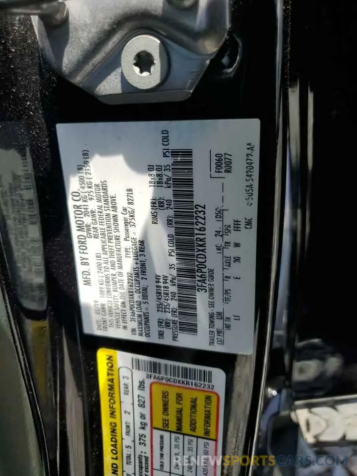 12 Photograph of a damaged car 3FA6P0CDXKR162232 FORD FUSION 2019