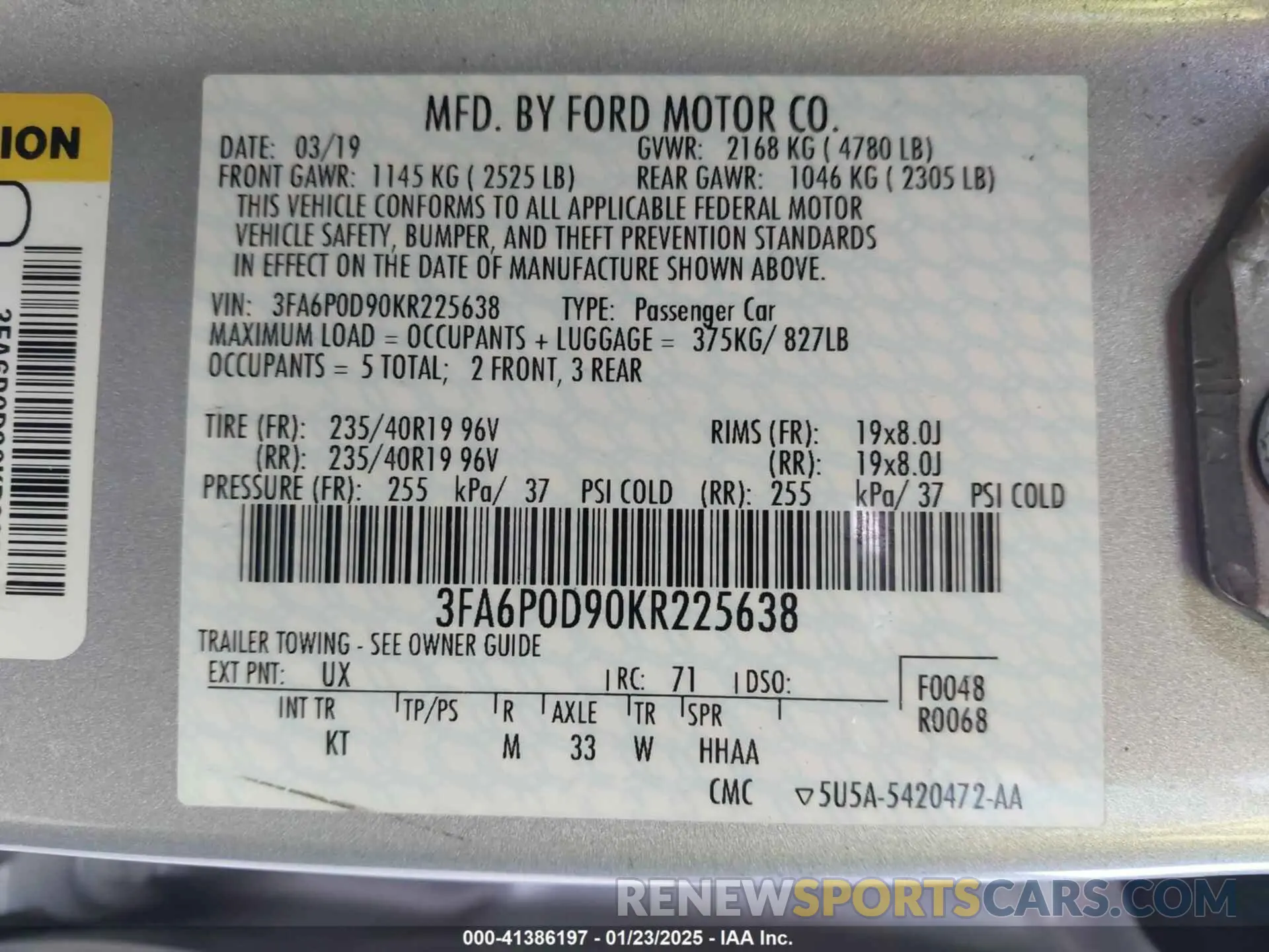 9 Фотография поврежденного автомобиля 3FA6P0D90KR225638 FORD FUSION 2019