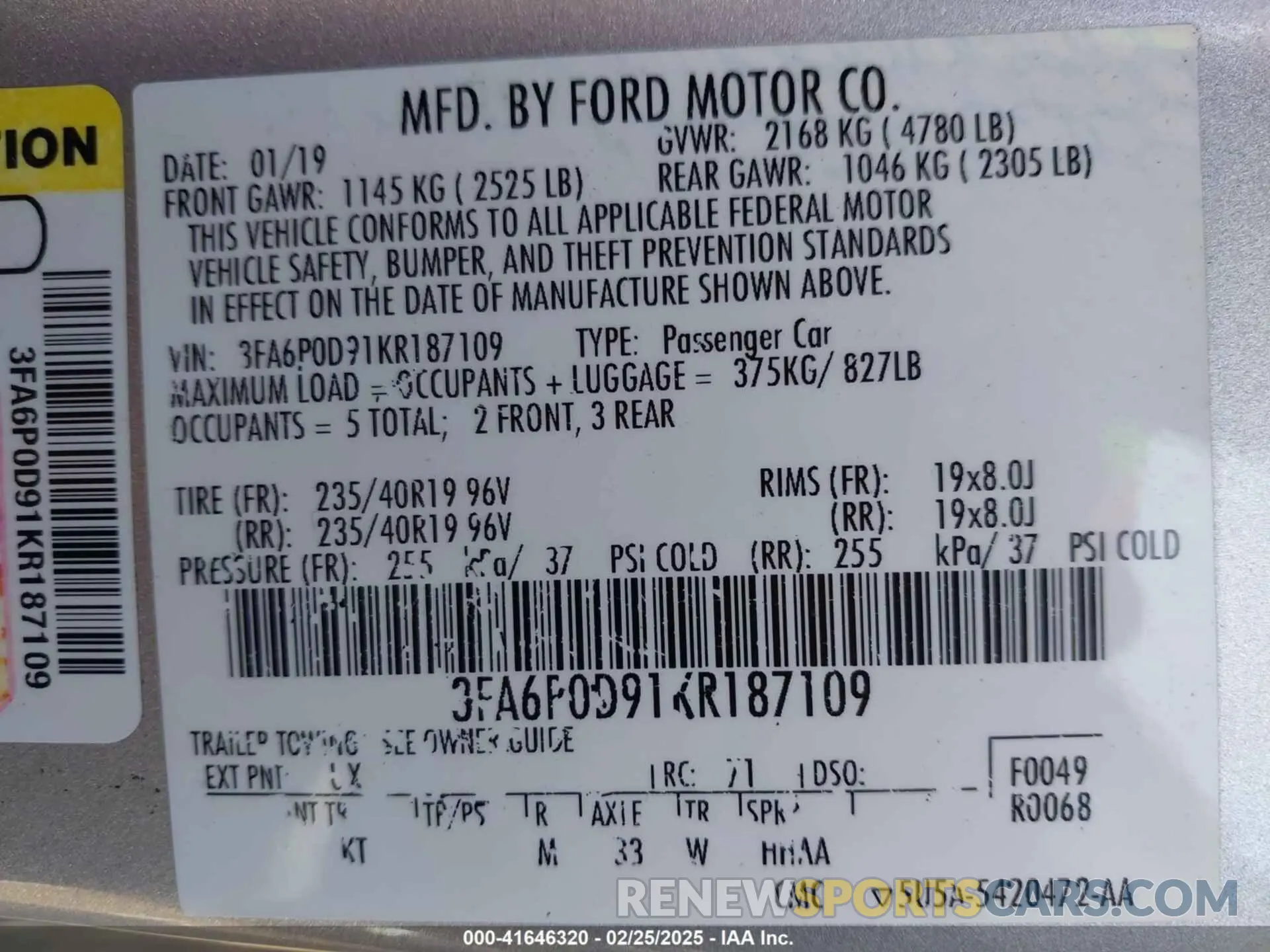 9 Фотография поврежденного автомобиля 3FA6P0D91KR187109 FORD FUSION 2019
