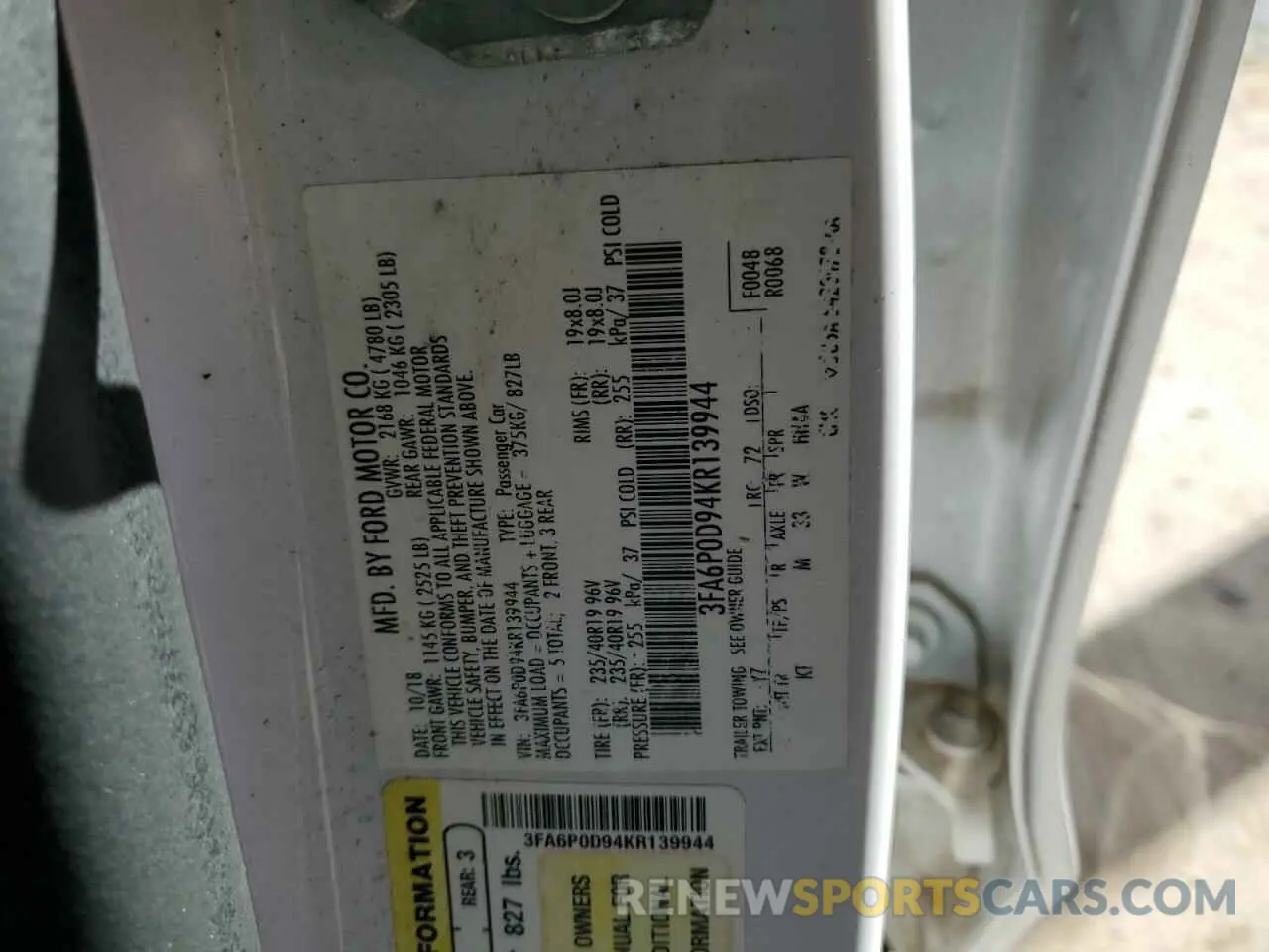 12 Фотография поврежденного автомобиля 3FA6P0D94KR139944 FORD FUSION 2019