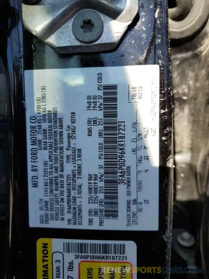 12 Photograph of a damaged car 3FA6P0D96KR187221 FORD FUSION 2019