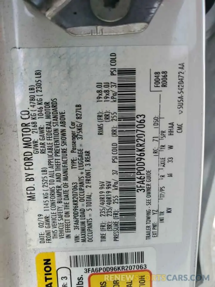 13 Фотография поврежденного автомобиля 3FA6P0D96KR207063 FORD FUSION 2019