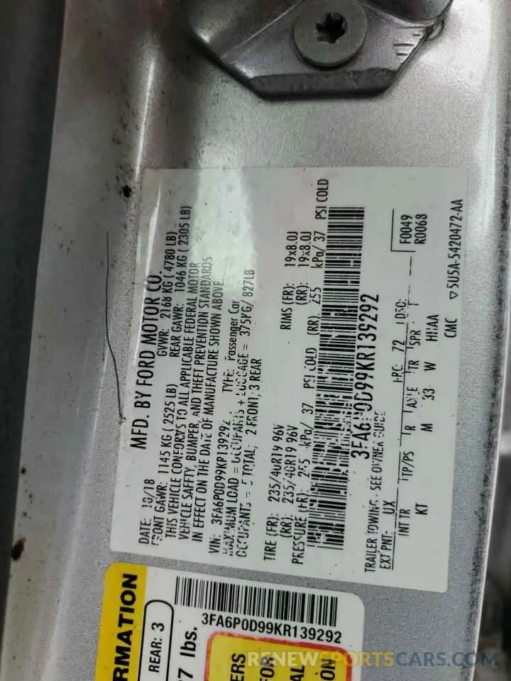 12 Photograph of a damaged car 3FA6P0D99KR139292 FORD FUSION 2019