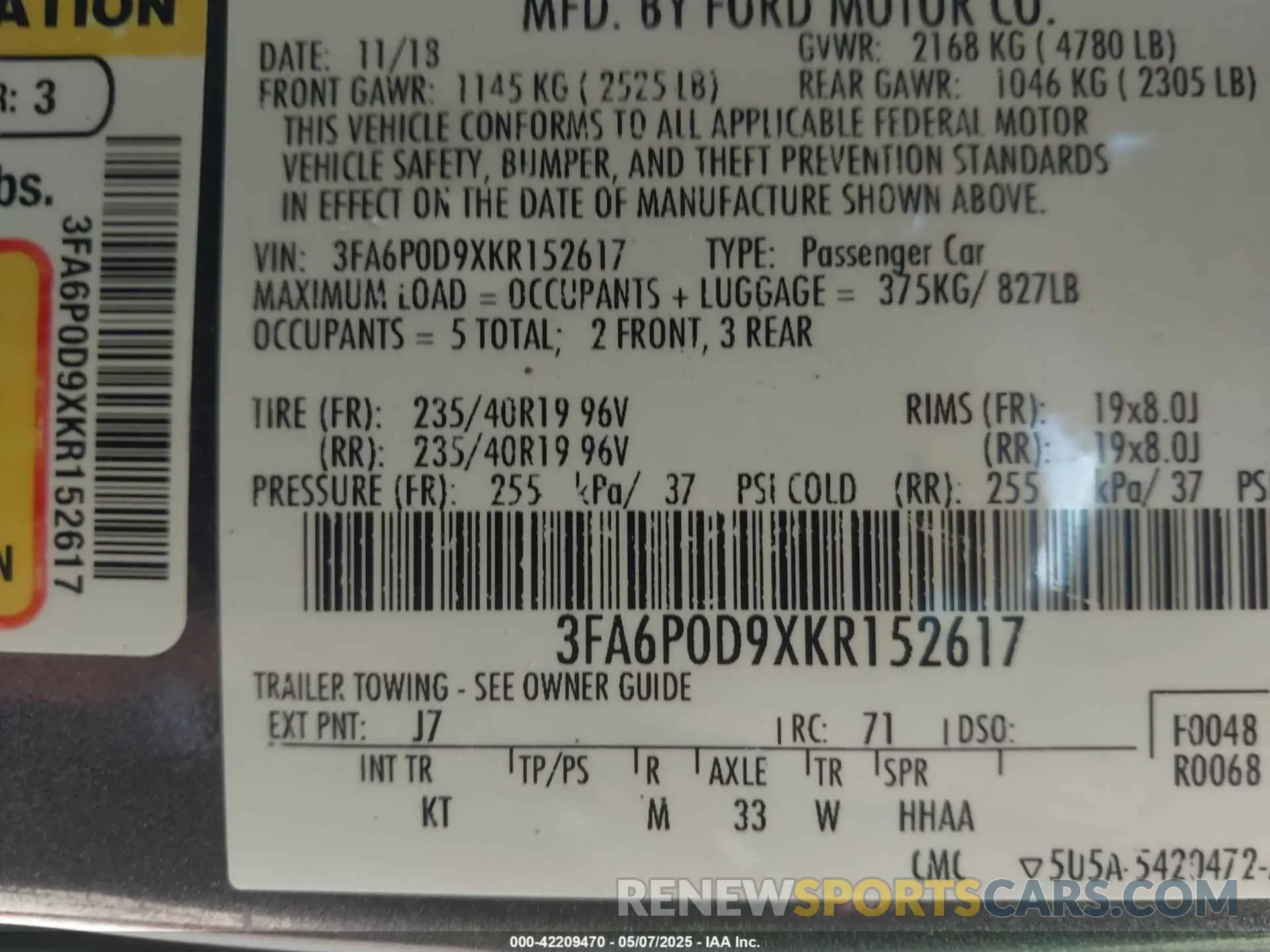 9 Фотография поврежденного автомобиля 3FA6P0D9XKR152617 FORD FUSION 2019